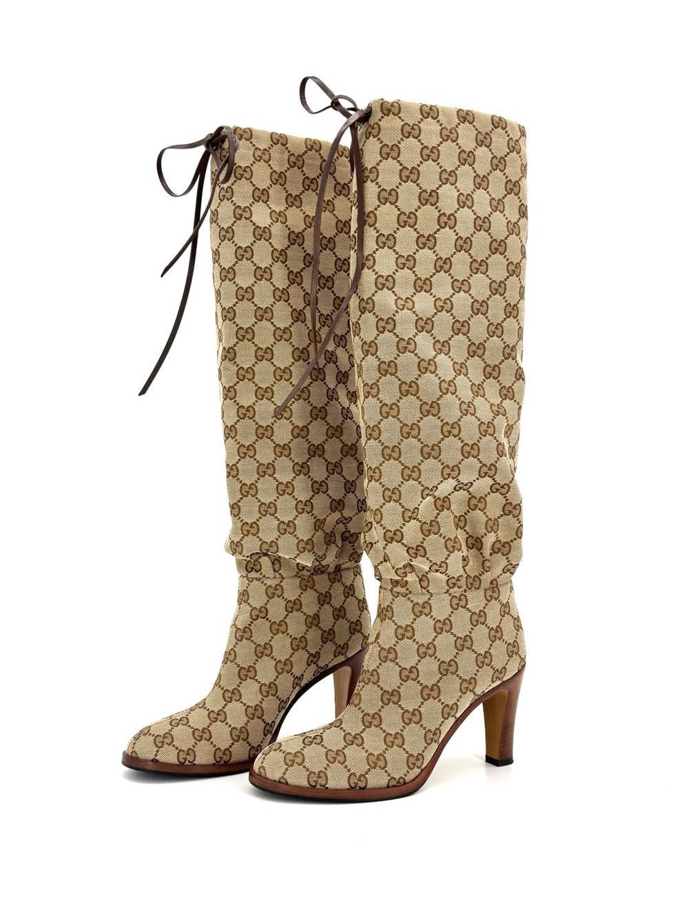 Gucci Lisa GG Monogram Knee High Pull On Heeled Boots 37